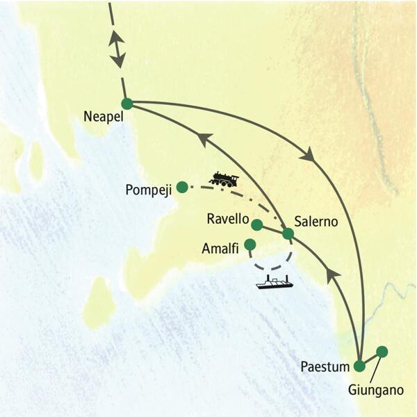 Routenverlauf der Studiosus Studienreise in Kampanien: von Neapel über Paestum und Salerno zur Amalfiküste mit Pompeji.