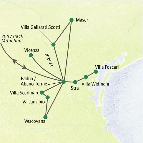 Karte der Studiosus Studienreise im Veneto: Route ab Padua zu Palladio-Villen in Maser, Vicenza, Stra und den Euganeischen Hügeln.