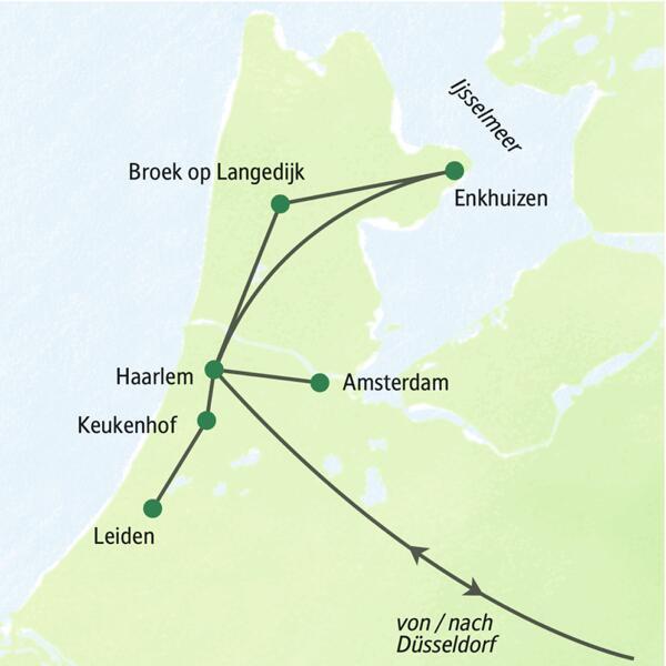 Reiseroute der Studienreise in die Niederlande: von Düsseldorf über Haarlem, Leiden, Keukenhof, Amsterdam und Enkhuizen.