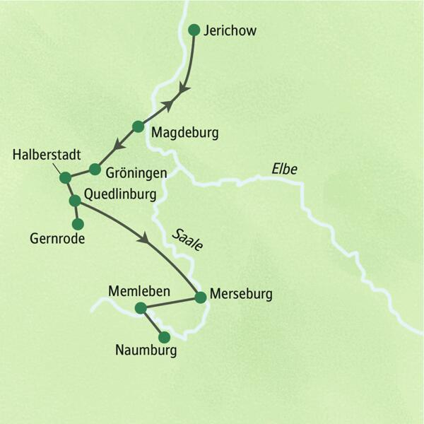 Karte der Studienreise auf der Straße der Romanik, die von Magdeburg über Quedlinburg und Merseburg nach Naumburg führt.