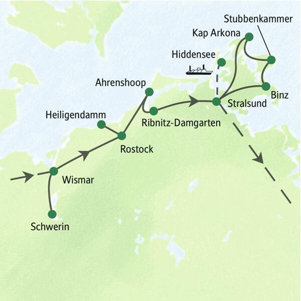 Karte der Studiosus Studienreise an der Ostseeküste: Die Route führt von Wismar über Rostock und Stralsund nach Hiddensee und Rügen.
