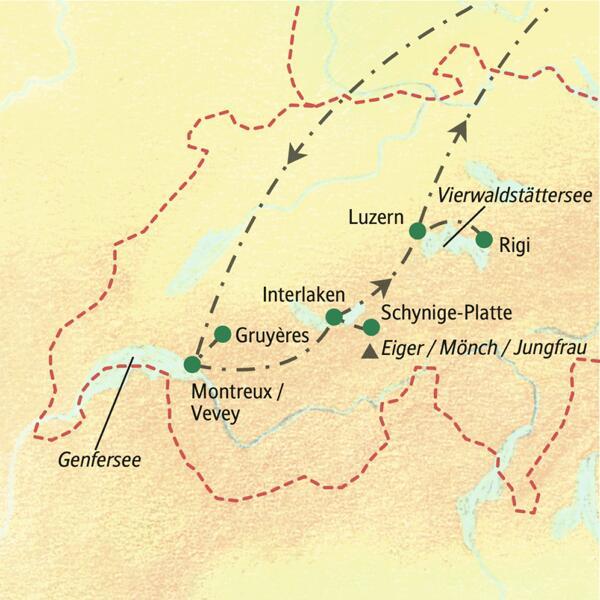 Übersichtskarte unserer 8-tägigen Studienreise in der Schweiz von Montreux über Gruyères, Interlaken und Luzern auf die Rigi.