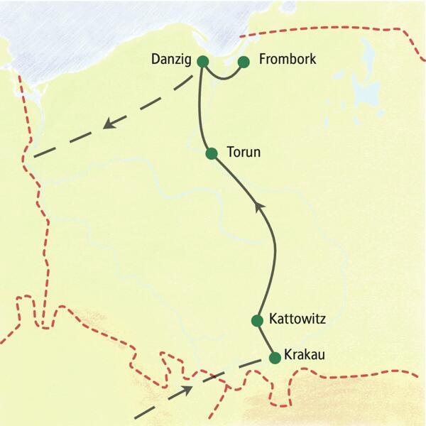 Karte der Studienreise durch Polen, die von Krakau über Kattowitz und Torun bis nach Danzig und Frombork führt.