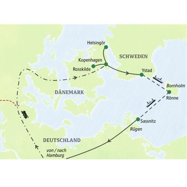 Reiseroute unserer Studienreise nach Dänemark: von Hamburg über Kopenhagen und Ystad (Schweden) zur Insel Bornholm und zurück.
