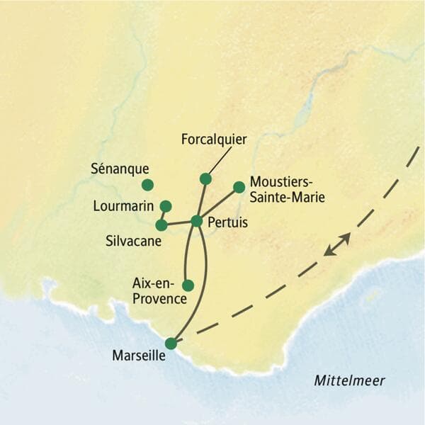 Routenkarte der Studiosus Studienreise in der Provence ab Marseille über Pertuis, Forcalquier, Aix-en-Provence und Sénanque.