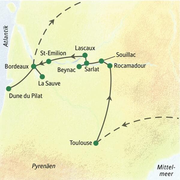 Routenverlauf der Studienreise in Südwestfrankreich: von Toulouse über Rocamadour, Sarlat und St-Émilion nach Bordeaux.
