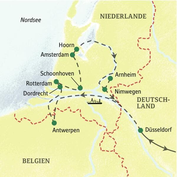 Karte der Studienreise als Kreuzfahrt in die Niederlande und Belgien. Route von Düsseldorf über Antwerpen, Rotterdam und Amsterdam.