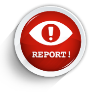 ECPAT-Button mit einem roten Kreis mit weißem Auge und dem Text "Report!".