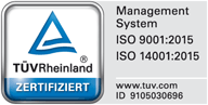 TÜV Rheinland Zertifikat ISO 9001:2015 und ISO 14001:2015