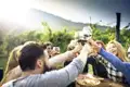 Eine Gruppe von Freunden stößt während einer Weinprobe in den Weinbergen mit Rotweingläsern an.