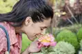 Eine lächelnde Frau genießt auf einer Studiosus Reise den Duft einer rosa-gelben Rose in einem der prachtvollen Gärten Venetiens.