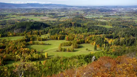 Herbstlicher Ausblick vom 'Goldenen Blick' über das weite Hirschberger Tal mit bunten Wäldern und dem Riesengebirge am Horizont, einen Ausblick den auch sie auf ihrer Studiosus Eventreise genießen können.