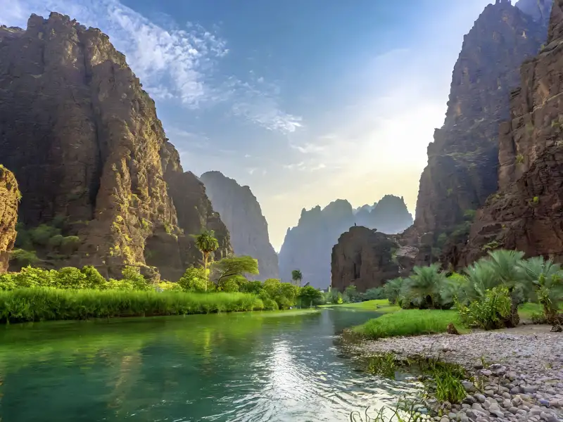 Mit Geländewagen geht es bei unserer Studiosus-Reise  ins Wadi Al Disah – ein echtes Paradies! Wir fahren an schattenspendenden Felswänden entlang, überqueren Wasserläufe, kommen an Palmen, Obstbäumen, freilaufenden Kamelen, Ziegen und Eseln vorbei. Und erst unser Picknick unter freiem Himmel – Saudi-Arabien vom Feinsten.
