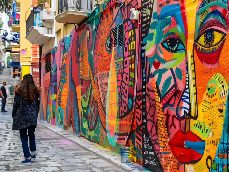 Bei unserer Städtereise in Athen sehen wir bunte und lebendige Straßenkunst an den Häuswänden.