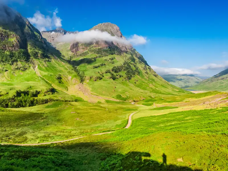 Die schönsten Ecken Schottlands dürfen auf unserer Rundreise für Singles und Alleinstehende nicht fehlen, wie hier das Tal Glen Coe.