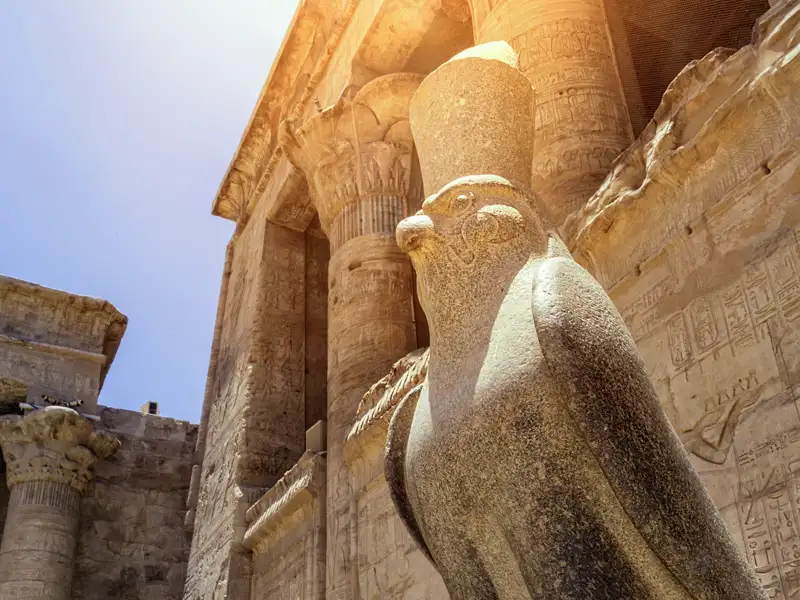 In Edfu stehen wir auf unserer klassischen Studienreise schließlich vor einem der besterhaltenen Tempel Ägyptens, dem Heiligtum des Falkengottes Horus mit seinem Sonnenauge.