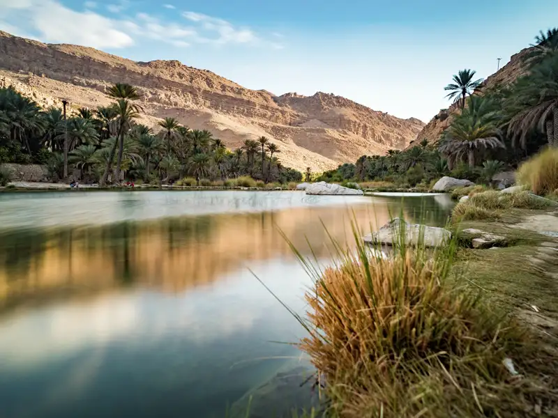 Während unserer Studiosus-Reise durch den Oman, machen wir Halt, um auf das grüne Band des Wadi Bani Khalid zu blicken. Das Wadi Bani Khalid ist ein umschwärmter Star unter den omanischen Wadis, wie man die wasserführenden Täler nennt.
