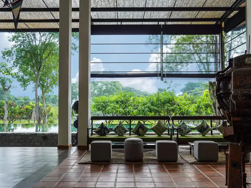 Auf unserer Rundreise durch Sir Lanka genießen wir mehrere Tage den Pool und das satte Grün rund um das Hotel Amba Yaalu in Kandalama.