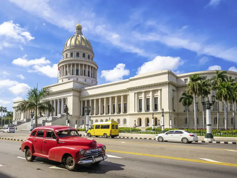 Auf unserer Studiosus-Reise durch Kuba lassen wir uns in liebevoll in Schuss gehaltenen Oldtimern durch Havanna chauffieren.