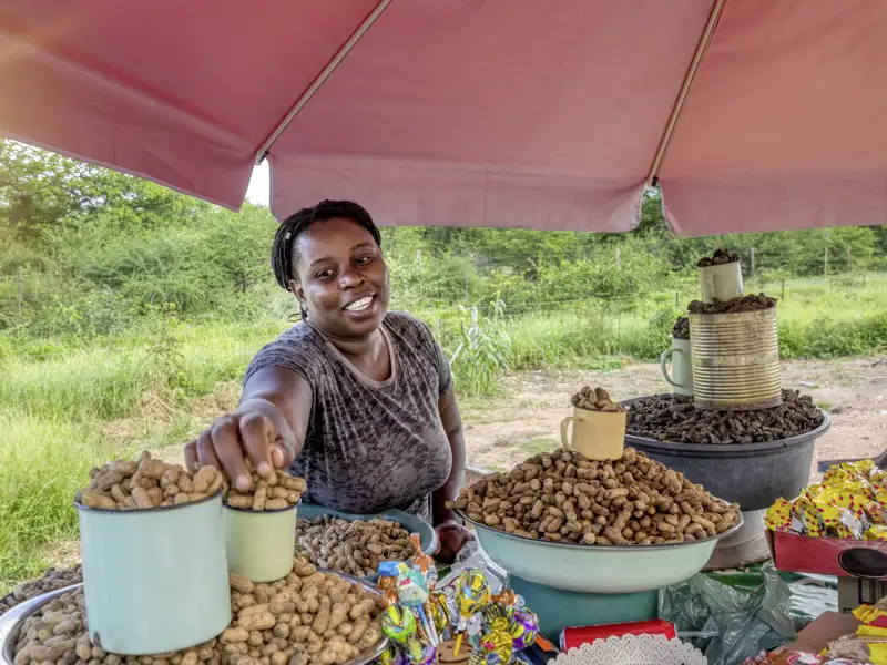 Außerhalb der Nationalparks in Botswana treffen wir auf unserer Rundreise in kleiner Gruppe auf das Alltagsleben. Unser Studiosus-Reiseleiter stellt den Kontakt her.