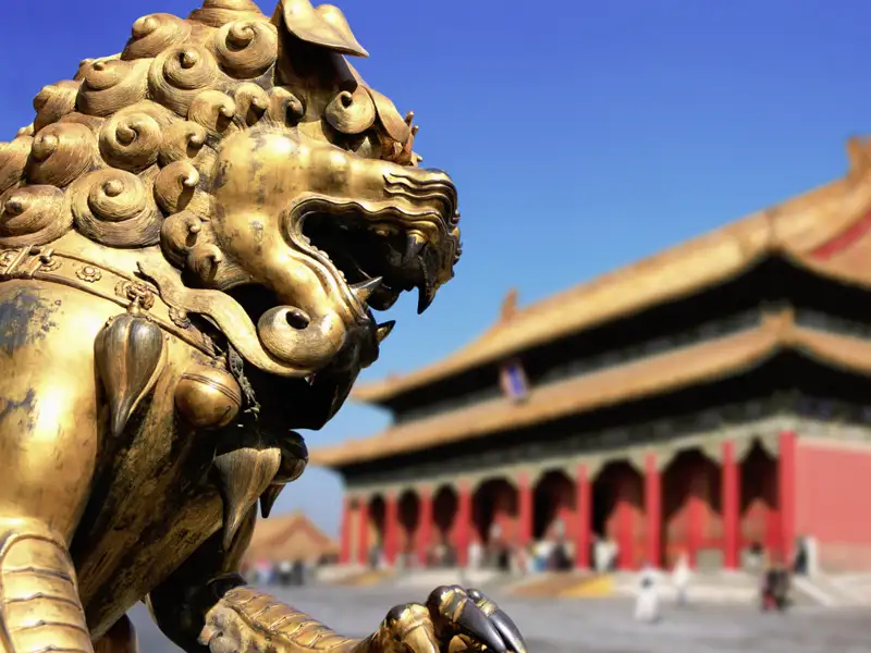 Bei unserer ausführlichsten Studiosus-Reise nach China kommen Sie auch in die Verbotene Stadt in Beijing und sehen den goldfarbenen Löwen vor dem  roten Empfangspavillon des Kaisers.