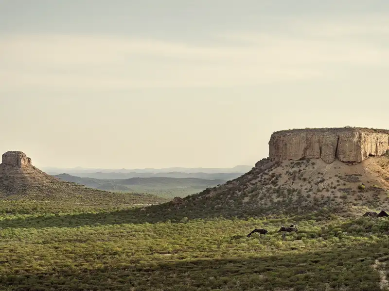 Immer wieder besondere Landschaften erleben Sie auf der Studienreise durch Namibia mit Studiosus, auch die markanten Tafelberge der Ugab Terrassen, die sich aus der Ebene erheben.