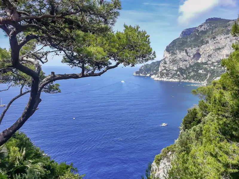 Ein Schiff bringt uns hinüber zur Insel Capri. Von der Villa Lysis genießen wir die Aussicht auf das tiefblaue Meer.