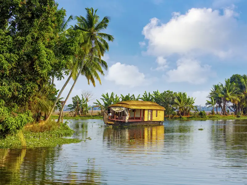 Geruhsam gleitet ein Hausboot durch die grüne Tropenidylle in den Backwaters von Kerala, Südindien.