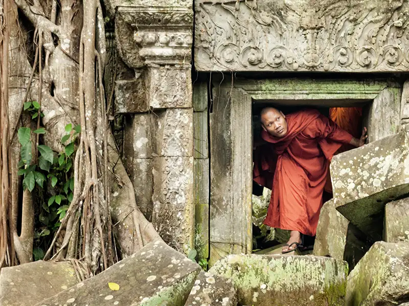 Auf dieser Studienreise lernen wir  in Thailand, Laos und Kambodscha die Khmerkultur kennen. Verwittert ragen die Türme des Ta-Prohm-Tempels vor uns aus dem Dschungel. Würgefeigen haben ihn fotogen im Griff - kein Wunder, dass Hollywood ihn als Kulisse entdeckte.