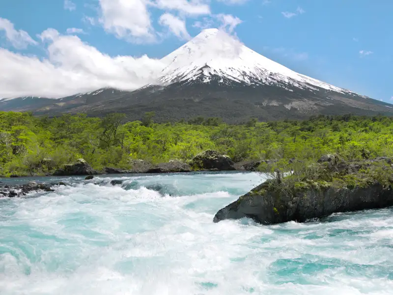 Auf unserer 16-tägigen Studienreise durch Chile erleben wir die landschaftliche Vielfalt des Landes hautnah - so auch auf unserem Ausflug zu den Petrohué-Wasserfällen vor der Kulisse des schneebedeckten Vulkans Osorno.