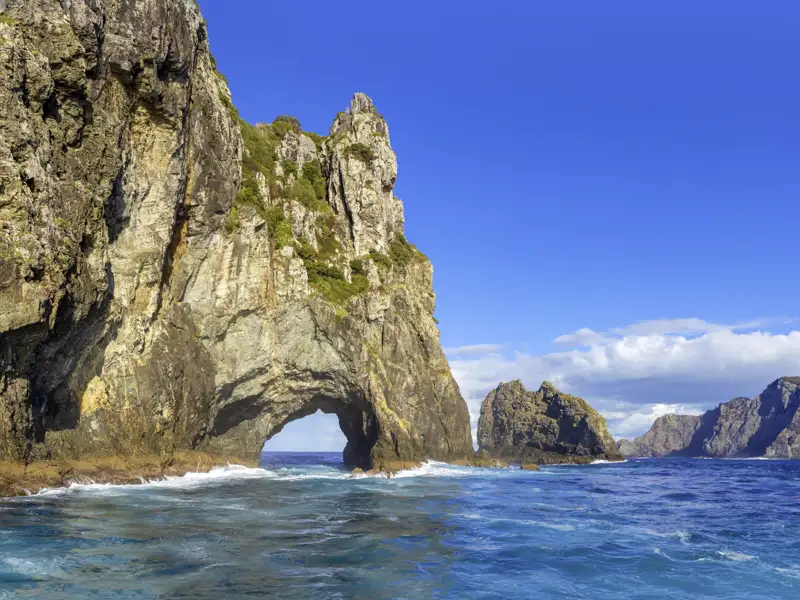 Durch das Hole in the Rock auf Motukokako oder Piercy Island in Neuseeland fahren wir auf dieser Neuseelandreise mit dem Boot!