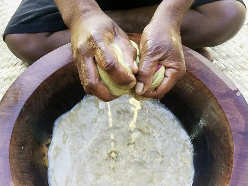 Vormittags empfangen uns Fijianer in ihrem Dorf, und wir werden mit einer Schale Kava, dem pfeffrigen Zeremonialtrunk Ozeaniens, und vielstimmigem Gesang in ihre Gemeinschaft aufgenommen.