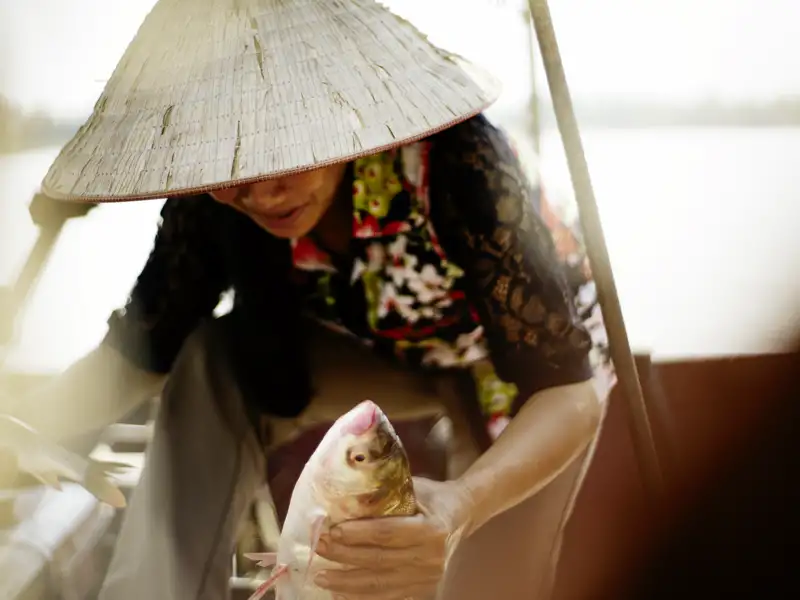 Lanf und Leute in der Halongbucht: Eine Fischerin mit ihrem Fang