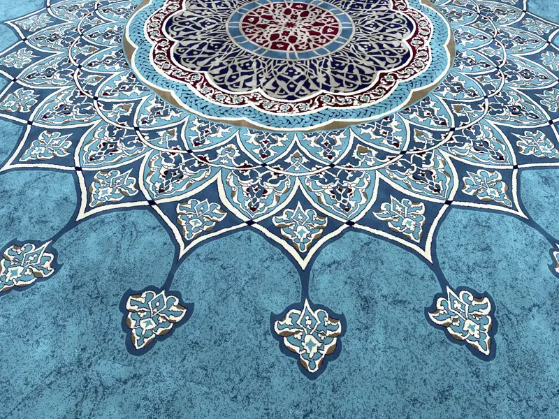 Detail eines kunstvollen, blauen Musters mit floralen und geometrischen Elementen von einem Teppich