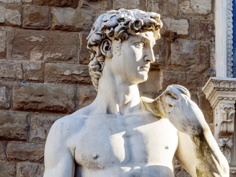 Der "David" von Michelangelo! Die weltberühmte Renaissanceskulptur ist der Inbegriff jugendlicher männlicher Schönheit und steht vor dem Rathaus von Florenz – eines unserer Ziele in der Stadt am Arno.