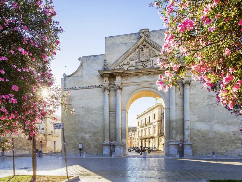 Vorhang auf bei unserer Studiosus-Reise durch Apulien für eine der schönsten Städte des Stiefels: Lecce, das "Florenz des Südens". Ein in cremeweißem Stein verewigtes Paradies erwartet uns hier zwischen barocken Fassaden, Skulpturen und Ornamenten.