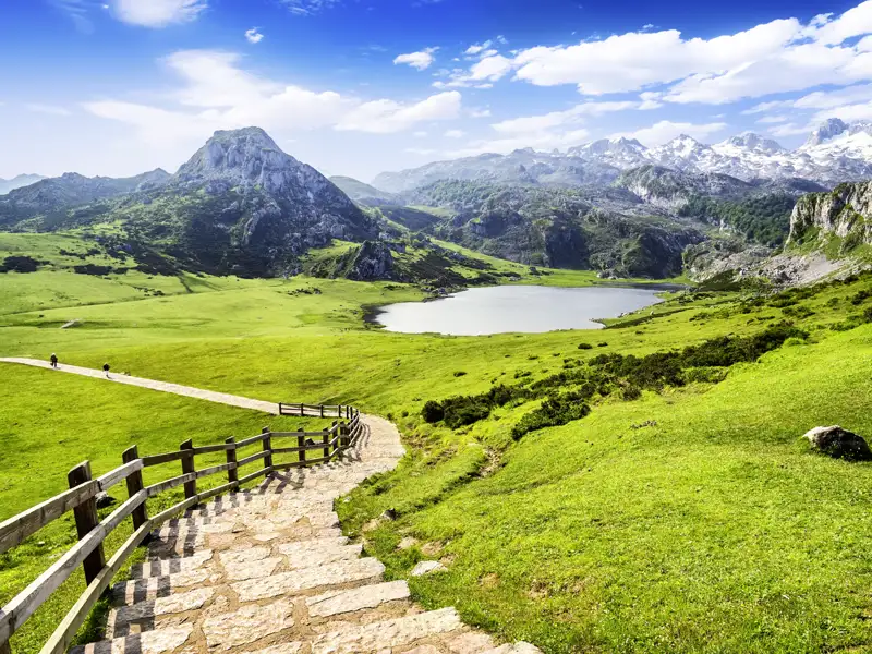 Auf unserer Studienreise durch Nordspanien erleben wir die beeindruckende Bergwelt der Picos de Europa. Unsere Wanderung entlang funkelnder Bergseen und sattgrüner Almen vermittelt alpines Flair im grünen Norden Spaniens.