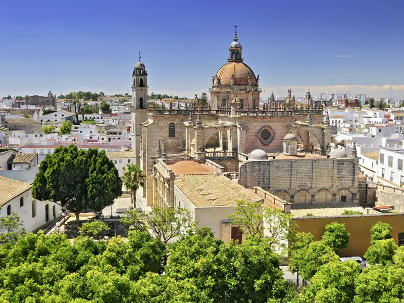 Die Kathedrale von Jerez de la Frontera in Andalusien, umgeben von einem Park und der städtischen Umgebung unter blauem Himmel