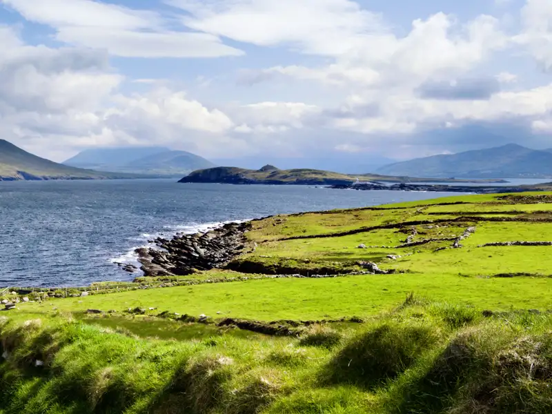 Die wunderschöne Natur der Grafschaft Kerry erkunden wir auf unserer Rundreise durch Irland bei einer Fahrt auf der berühmten Panoramastraße Ring of Kerry und bei Spaziergängen.