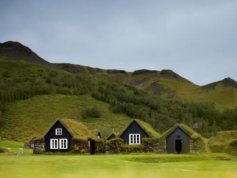 Traditionelle isländische Häuser aus Steinmauern mit begrünten Dächern in einer grünen Hügellandschaft.