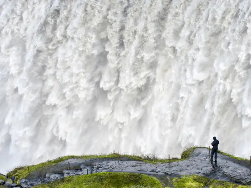 Die umfassende Studienreise durch Island ist reich an grandiosen Landschaftseindrücken und Naturerlebnissen. Am Dettifoss im Norden der Insel rauscht das Wasser dröhnend in die Tiefen des Jökulsargljufur-Nationalparks hinab.