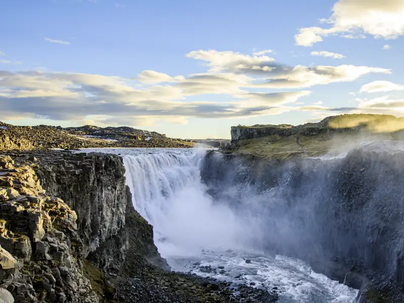 Auf unserer Naturerlebnis-Studienreise durch Island beeindruckt uns natürlich auch der tosende Dettifoss-Wasserfall.