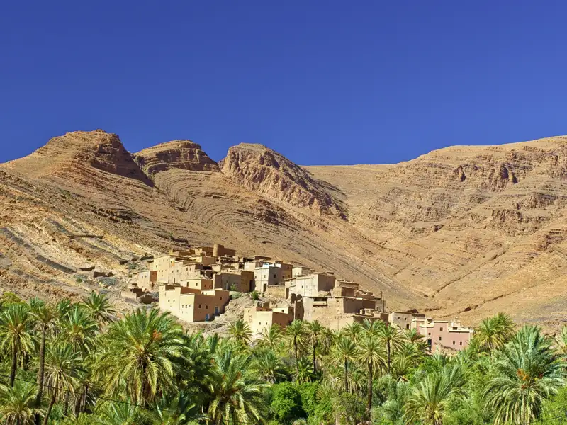 Auf unserer Gruppenreise bestaunen wir die traditionelle Lehmbauten eines Berberdorfes, umgeben von grünen Palmenoasen und den imposanten Bergen des Atlasgebirges.