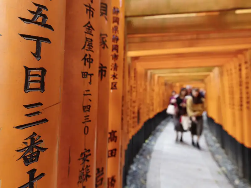 Auf unserer Eventreise durch Japan verbringen wir zwei Tage in Kyoto und begeben uns auf eine spirituelle Wanderung durch die roten Torii-Gänge des berühmten Fushimi-Inari-Schreins.