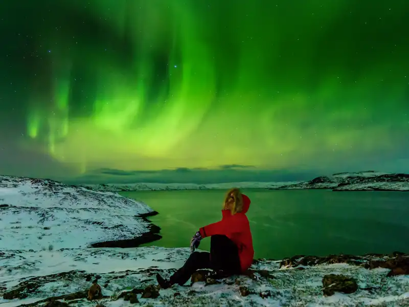 Eine Person in roter Winterjacke sitzt auf einem schneebedeckten Felsen und beobachtet die grünen Nordlichter am Himmel. Mit etwas Wetterglück bestaunen auch Sie auf dieser Reise Polarlichter.