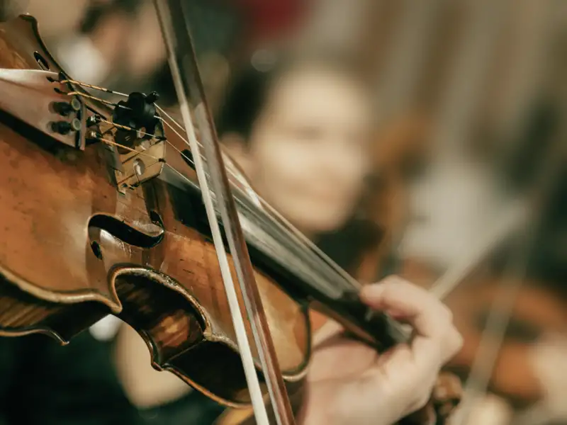 Ein Geiger spielt Violine, ein Detail aus den musikalischen Darbietungen, die als besondere Leistung in dieser Reise inkludiert ist und ein unvergessliches kulturelles Erlebnis darstellt.