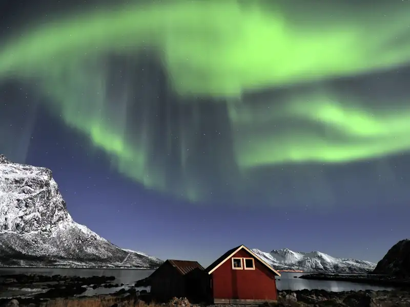 Polarlichter tanzen zwischen den Fjorden und Berggipfeln