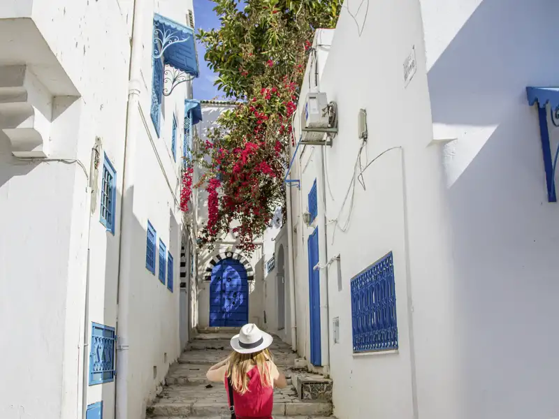 Auf unserer Gruppenreise mit Studiosus endecken wir die charakteristischen Gassen von Sidi Bou Said, mit weiß getünchten Wänden, blauen Fenstern und Türen, was ein Höhepunkt jeder Rundreise ist.