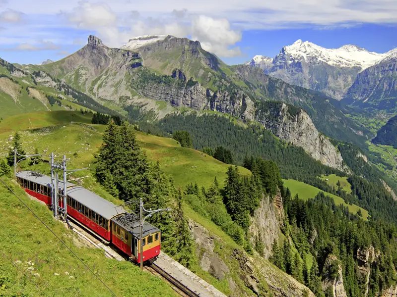Die rote, historische Schynigge Platte-Bahn fährt auf einer Studienreise vor dem Panorama von Eiger, Mönch und Jungfrau.