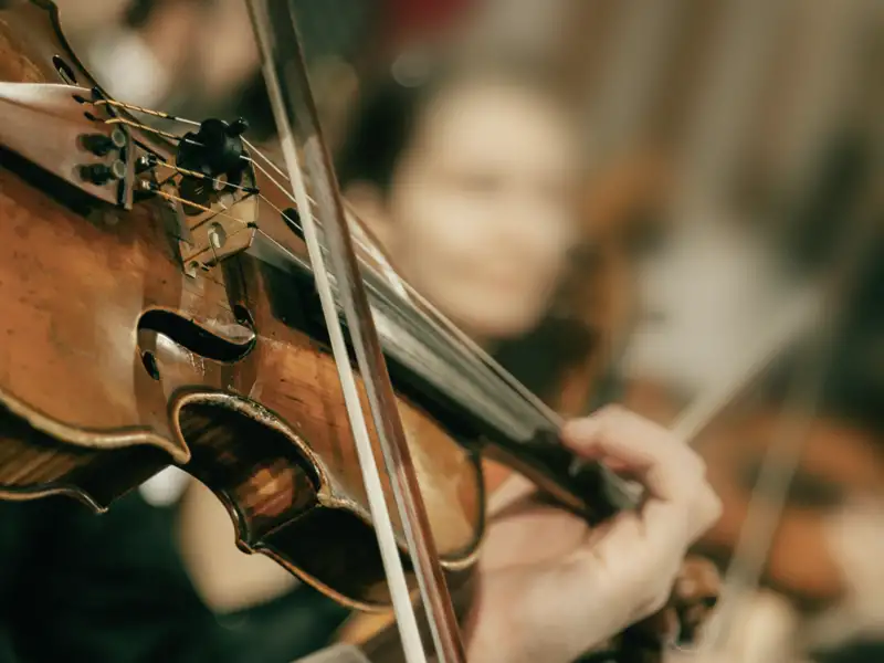 Ein Geiger spielt Violine, ein Detail aus den musikalischen Darbietungen, die als besondere Leistung in dieser Reise inkludiert ist und ein unvergessliches kulturelles Erlebnis darstellt.